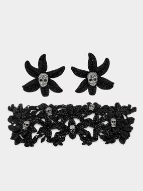 NWT Zara Accessories Rhinestones SKULL FLOWER CHOKER NECKLACE & EARRINGS SET